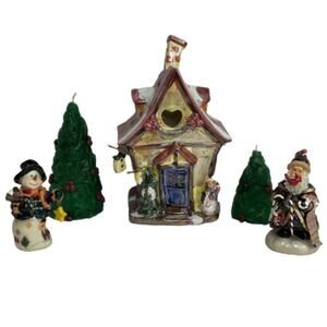 Vintage Christmas Avenue Santa Snowman Tealite Holder House Candle Set